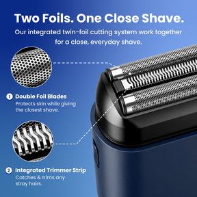 Blue and black electric shaver close-up with marketing text and callout circles explaining double foil blades and integrated trimmer strip.
