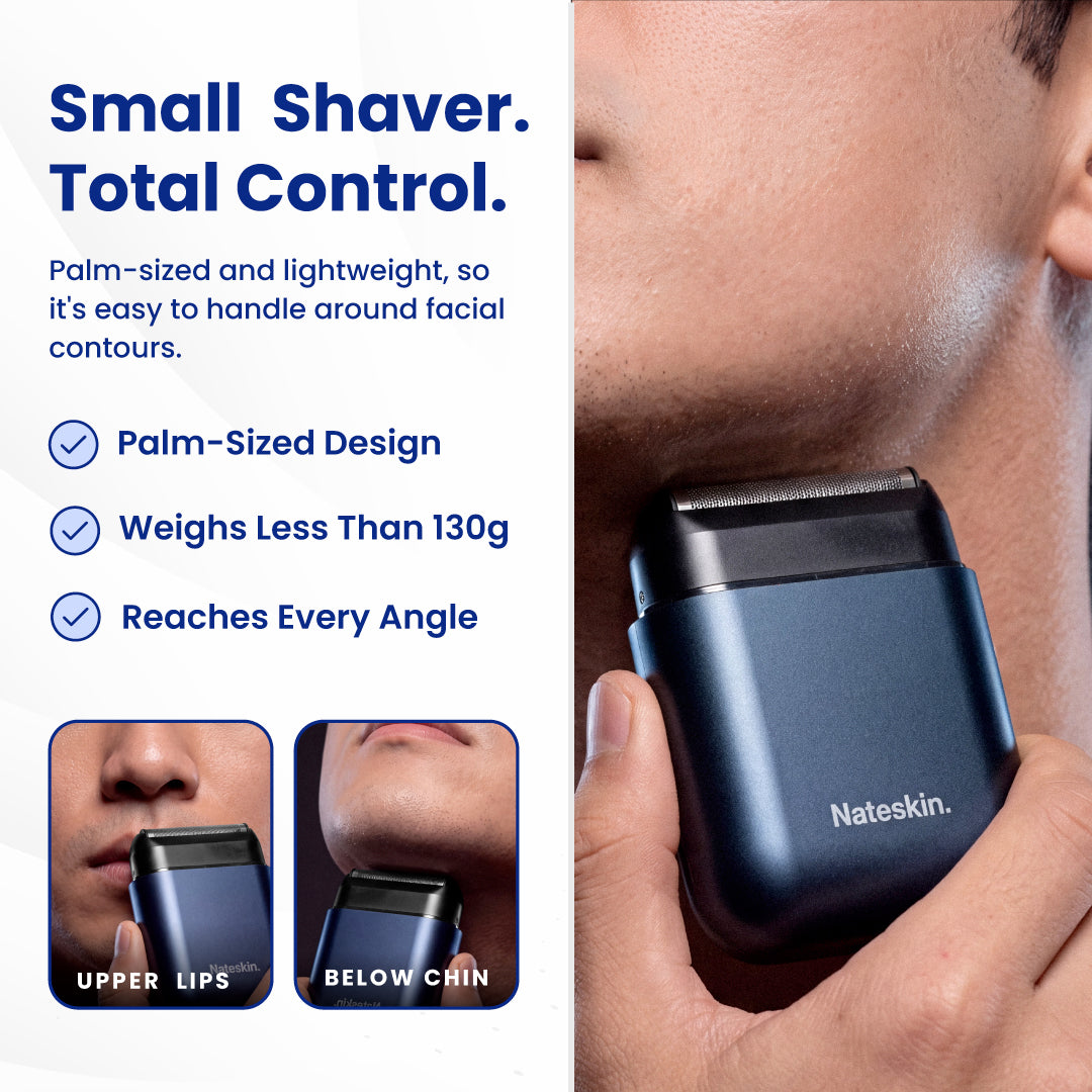 Nateskin small electric shaver in a dark metallic blue-gray color, being used on a man's face. The left side of the image features promotional text highlighting the shaver's palm-sized design, lightweight weight, and multi-angle reach, with two small inset images showing the shaver above the lips and below the chin.