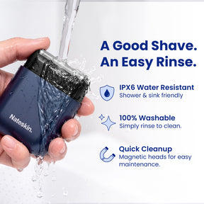 A hand holds a navy blue Nateskin electric shaver under running water, with text on the right highlighting IPX6 water resistance, washability, and quick cleanup.
