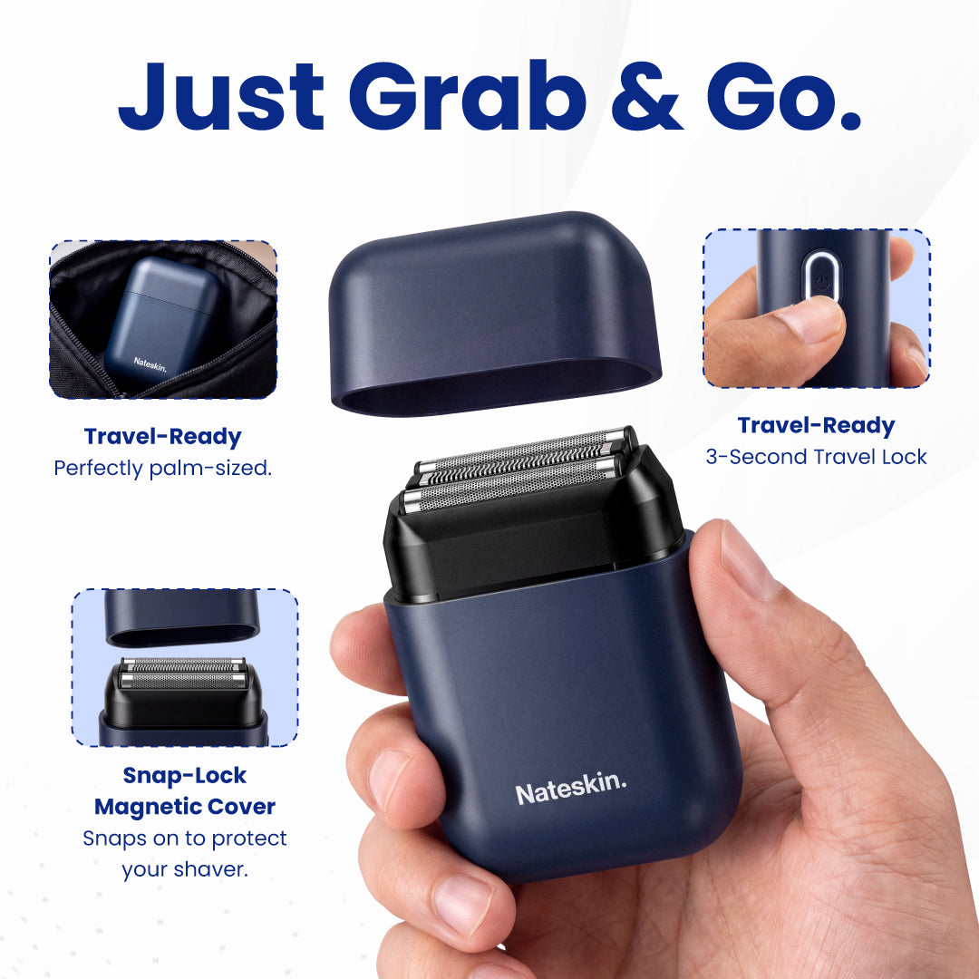 A hand holding a navy blue Nateskin electric shaver with its matching magnetic travel case open, shown on a white background with feature callouts: 'Just Grab & Go,' 'Travel-Ready,' and 'Snap-Lock Magnetic Cover.'.