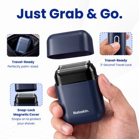 A hand holding a navy blue Nateskin electric shaver with its matching magnetic travel case open, shown on a white background with feature callouts: 'Just Grab & Go,' 'Travel-Ready,' and 'Snap-Lock Magnetic Cover.'.