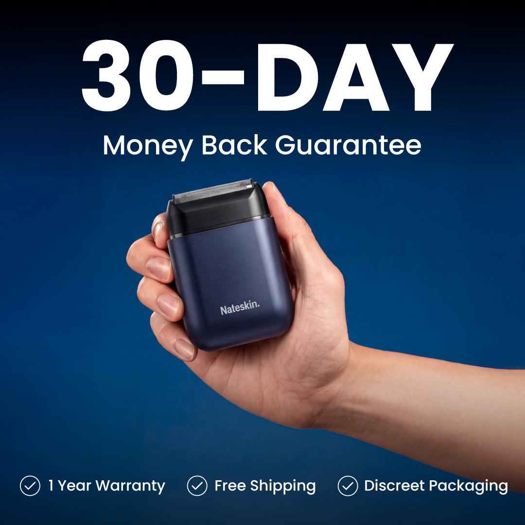 A hand holding a small blue rectangular electronic device with a black top section, set against a dark blue background with promotional text reading '30-Day Money Back Guarantee' and feature badges at the bottom.