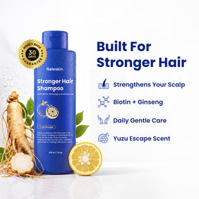 Nateskin Stronger Hair Shampoo bottle in blue, shown with ginseng roots, a lemon slice, and marketing text on a white background.