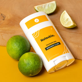 close up view on nateskin natural deodorant stick bergamot and lime variant