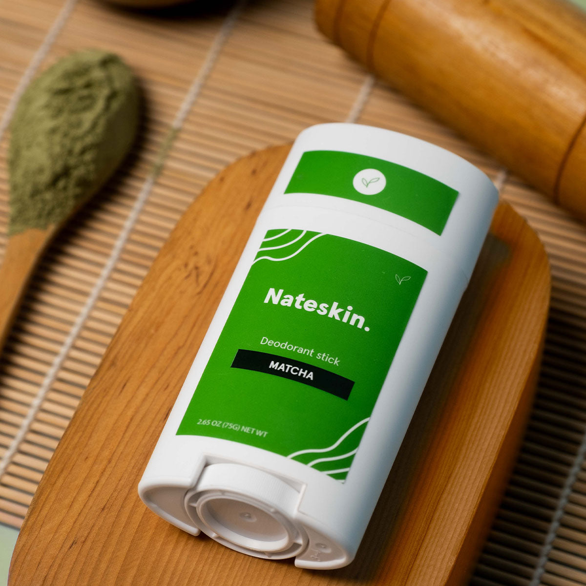 close up look on nateskin natural deodorant stick matcha